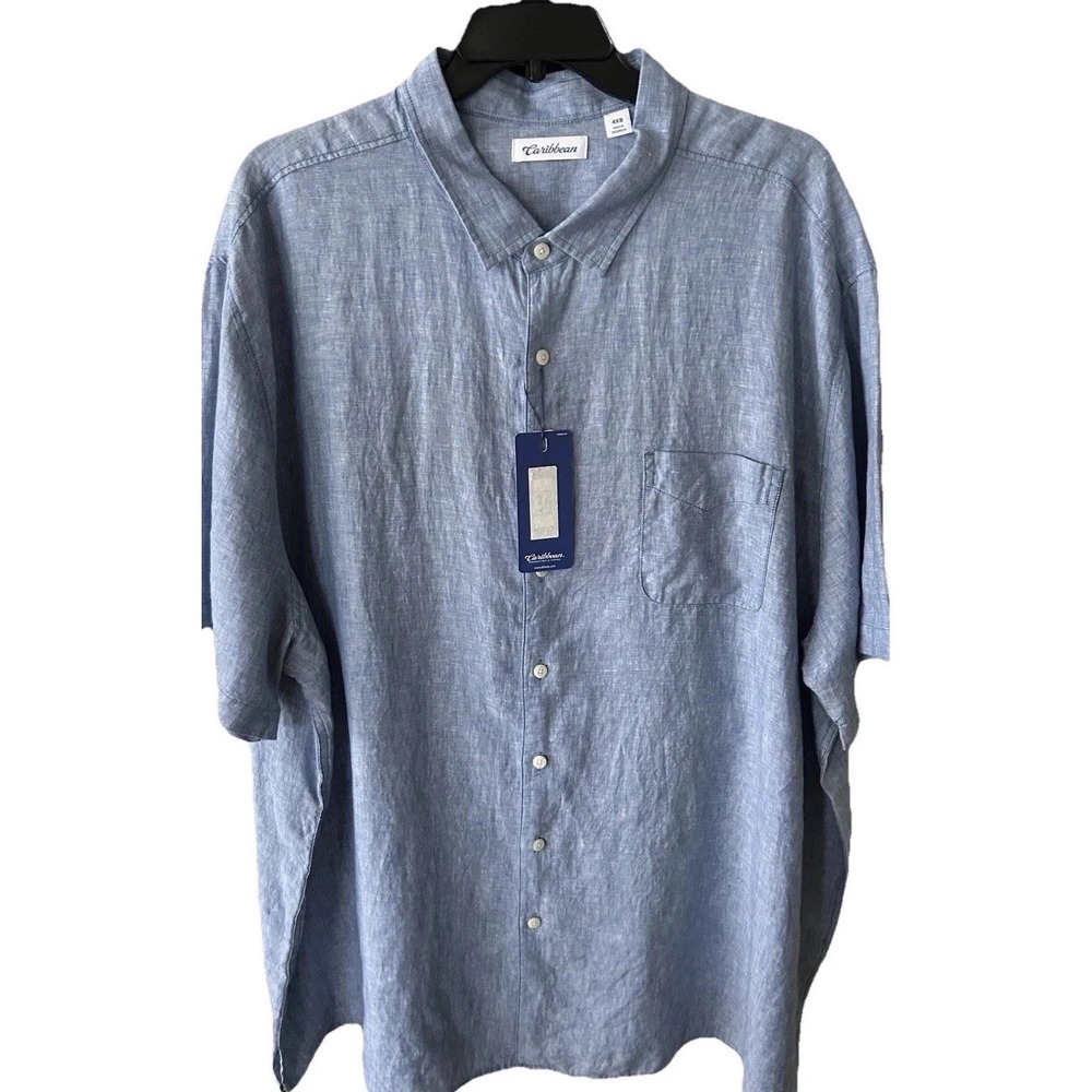 New Caribbean Men's Linen Shirt Button Up Blue Short Sleeve 4XB 100% Linen